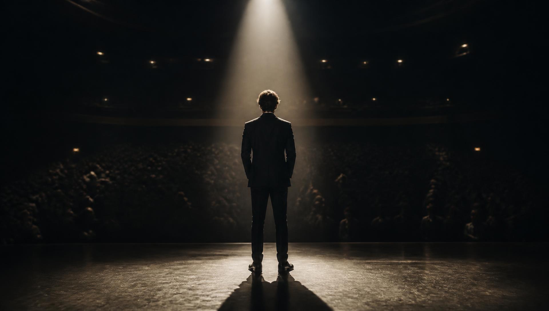 A lone speaker on a lit stage before a darkened auditorium